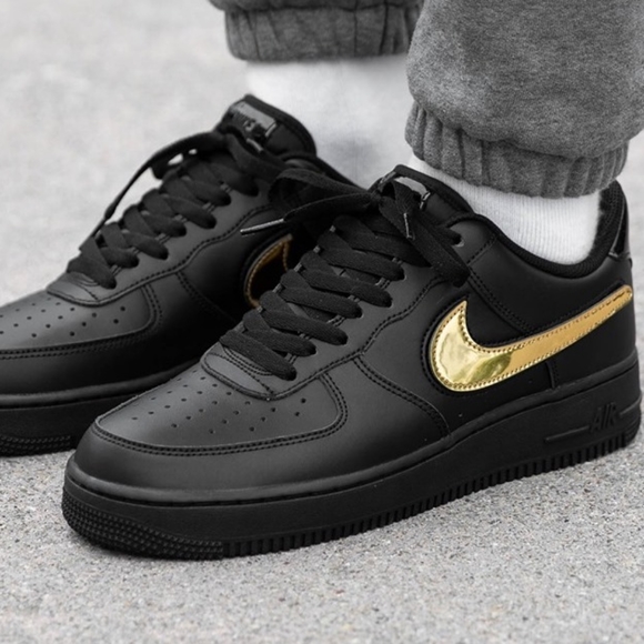 Nike Other - 🔥HP🔥 Nike Air Force 1 | Black Leather and Gold Removable Swoosh Men's Size 11